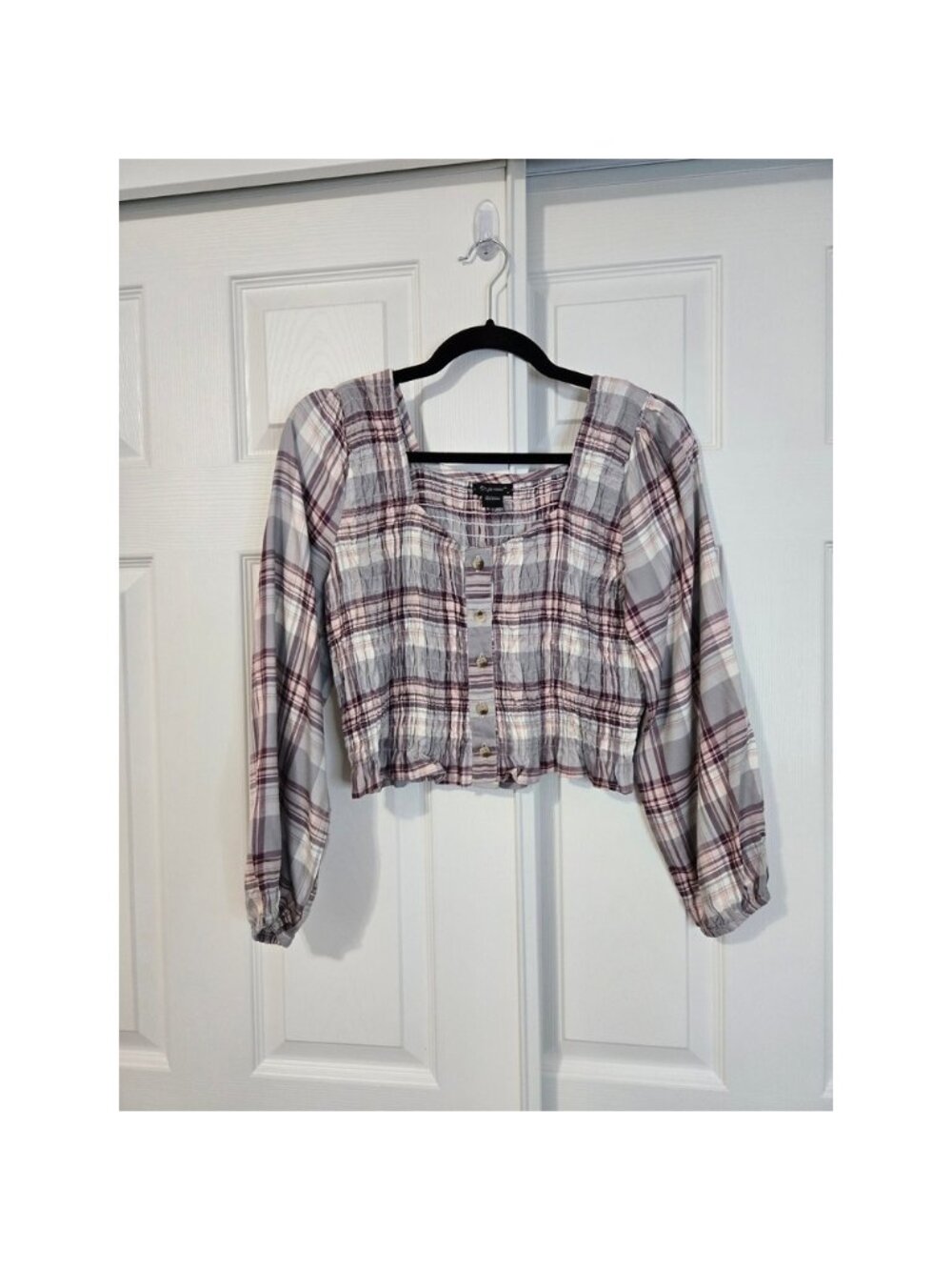 Womens Plaid Smocked Crop Top Long Sleeve Square Neck Button Front Cottagecore M